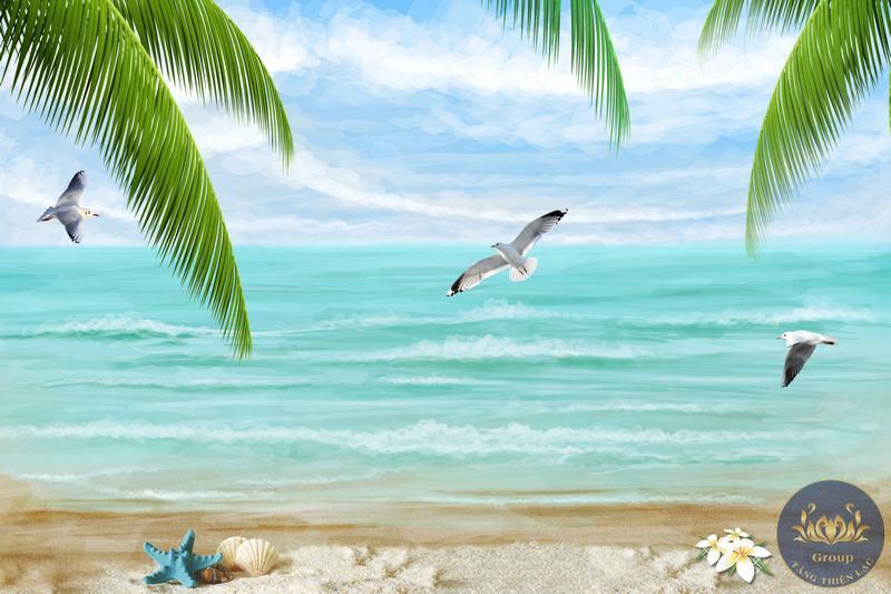 Tranh dán tường 3D cảnh biển xanh và chim bồ câu mang lại sự êm ấm hòa bình 