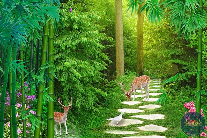 Tranh dán tường phong cảnh rừng cây thiên nhiên và nai làm cho không khí trong nhà được xanh tươi mát mẻ hơn 
